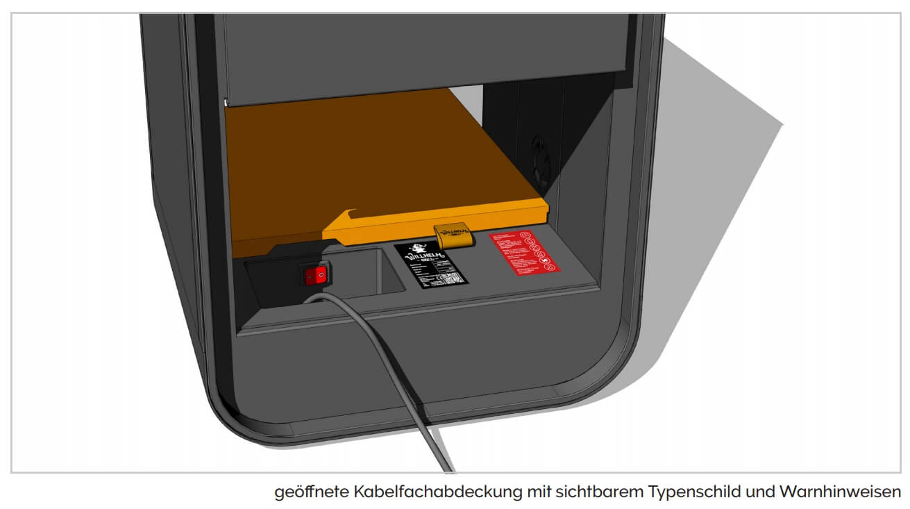 geöffnete Kabelfachabdeckung mit sichtbarem Typenschild und Warnhinweisen