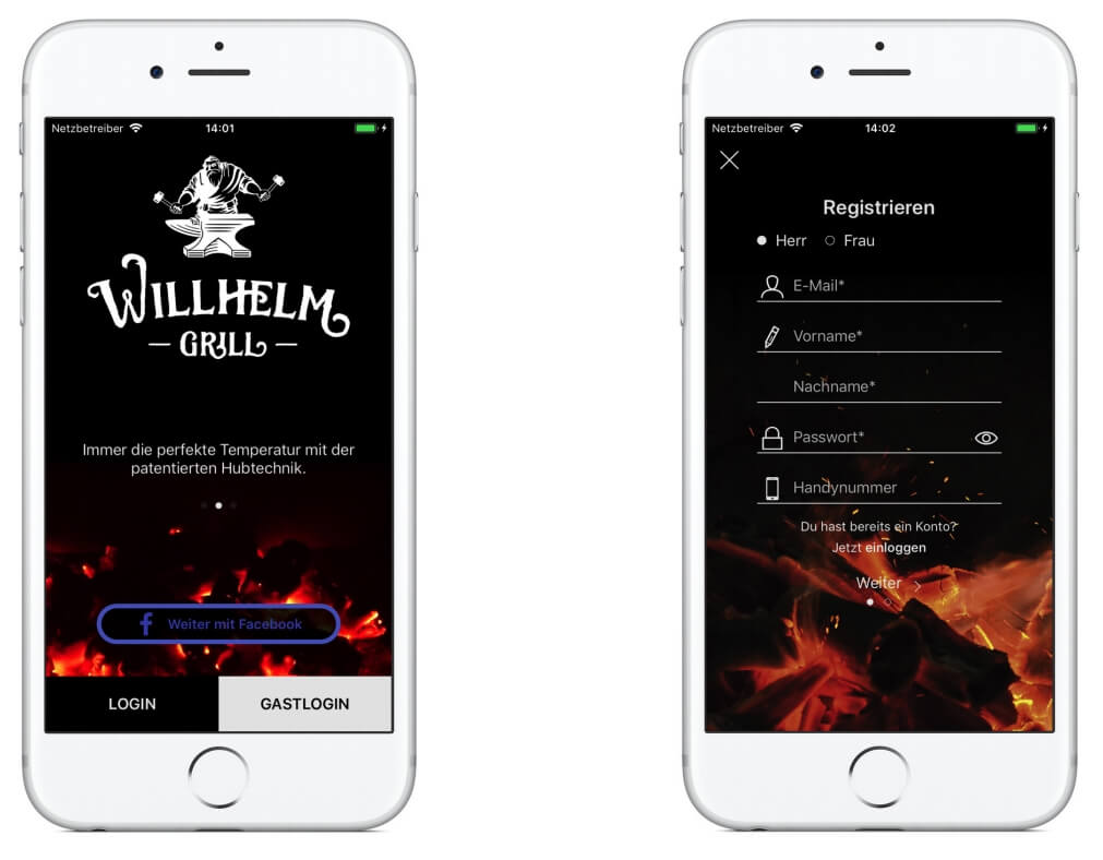 Willhelm Grill App - Startbildschirm und Registrierung